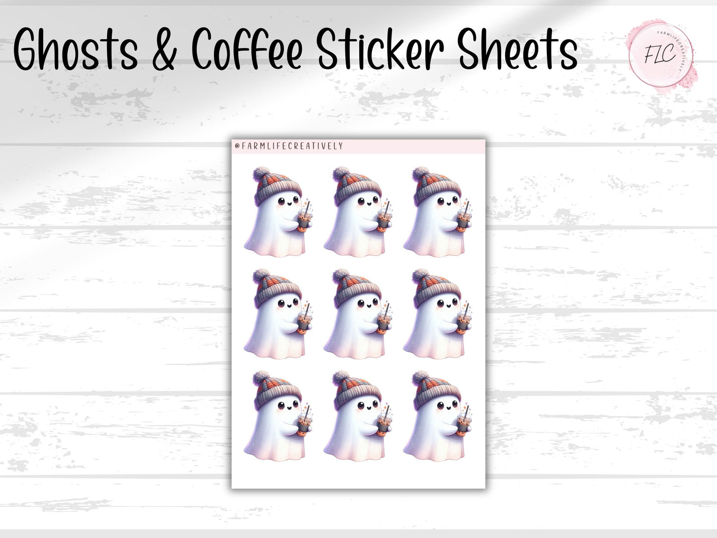 Ghost & Coffee Sticker Sheets, Halloween, Coffee, Iced Coffee, Waterproof, Laminated