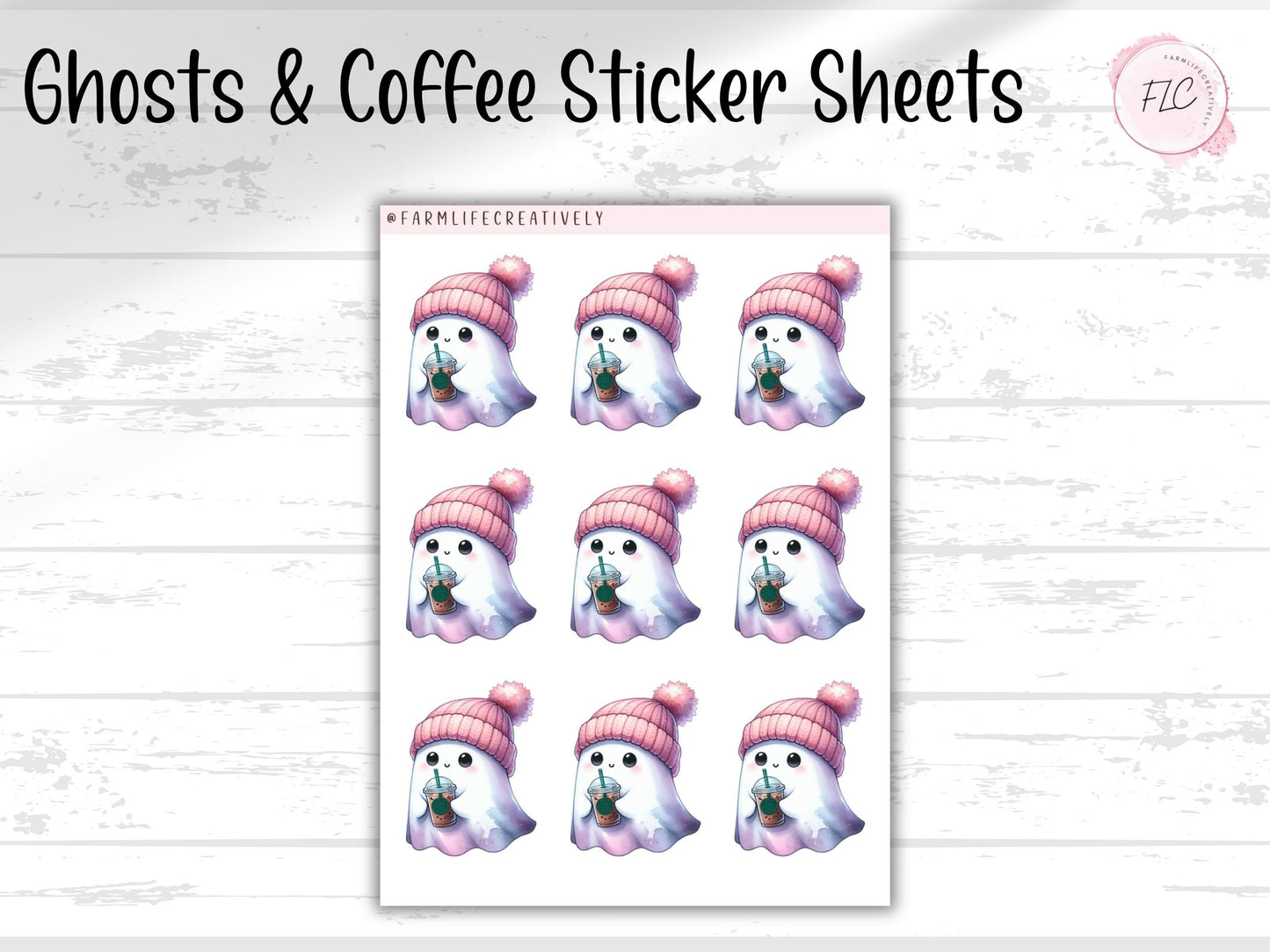 Ghost & Coffee Sticker Sheets, Halloween, Coffee, Iced Coffee, Waterproof, Laminated