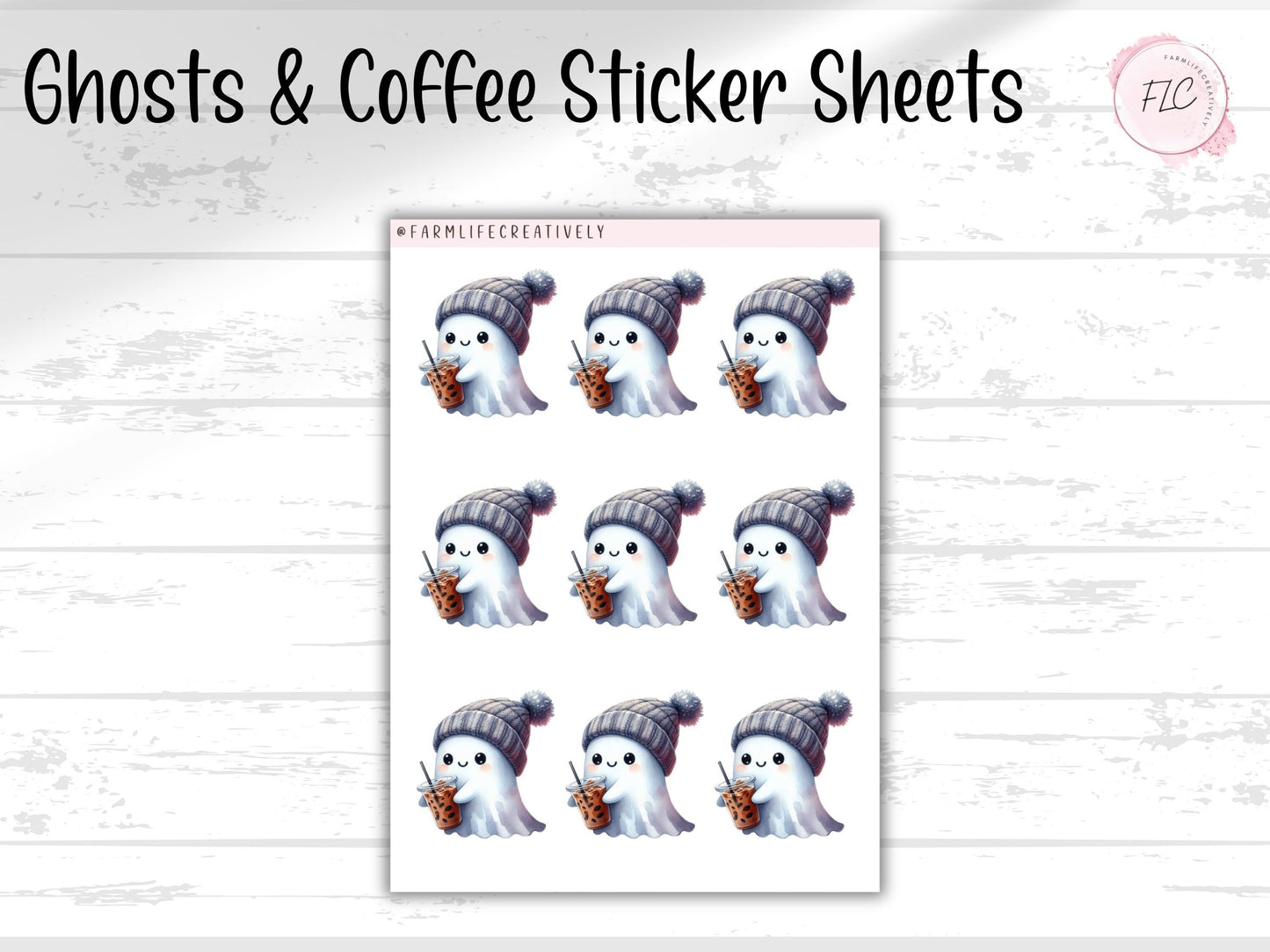 Ghost & Coffee Sticker Sheets, Halloween, Coffee, Iced Coffee, Waterproof, Laminated