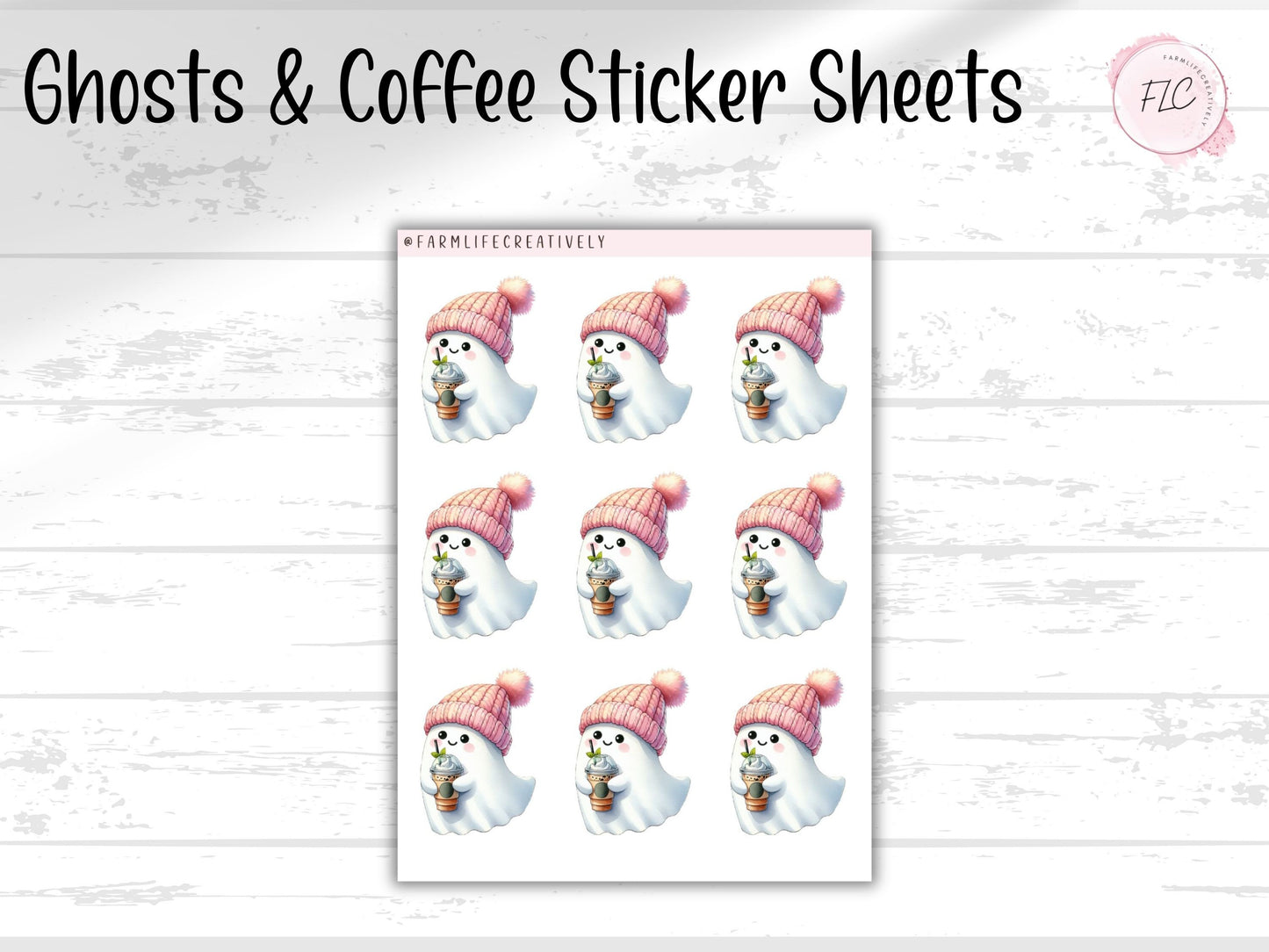 Ghost & Coffee Sticker Sheets, Halloween, Coffee, Iced Coffee, Waterproof, Laminated