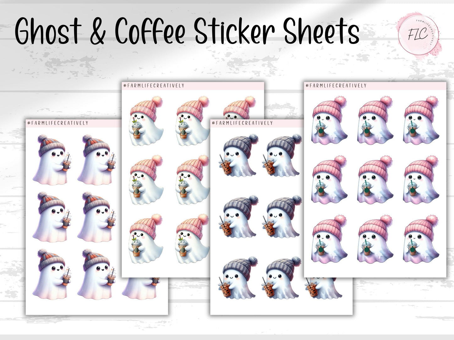 Ghost & Coffee Sticker Sheets, Halloween, Coffee, Iced Coffee, Waterproof, Laminated